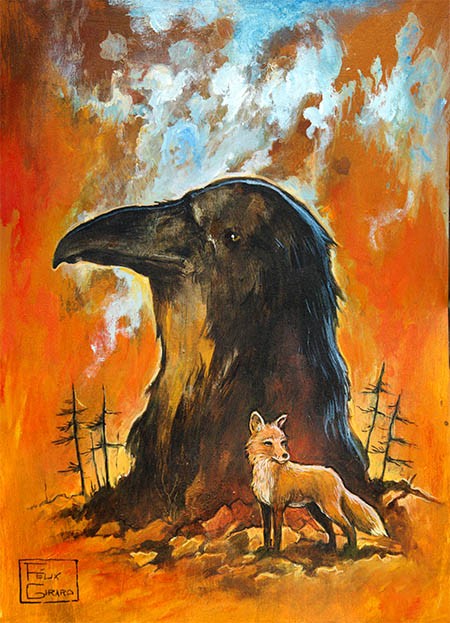 Le corbeau et le renard. Peinture par Félix Girard, illustrateur et artiste peintre